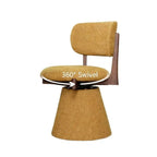 Walnut Ash Wood Vanity Stool With Swivel Base and Curved Linen Seat