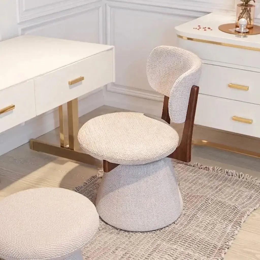Walnut Ash Wood Vanity Stool With Swivel Base and Curved Linen Seat