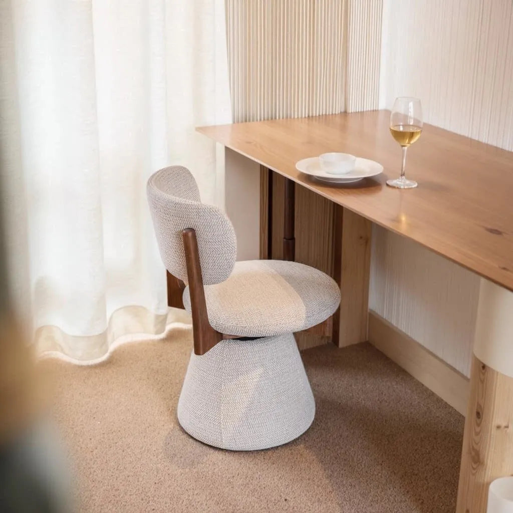 Walnut Ash Wood Vanity Stool With Swivel Base and Curved Linen Seat