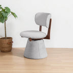 Walnut Ash Wood Vanity Stool With Swivel Base and Curved Linen Seat