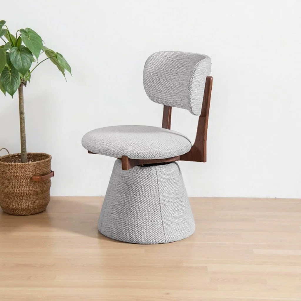 Walnut Ash Wood Vanity Stool With Swivel Base and Curved Linen Seat