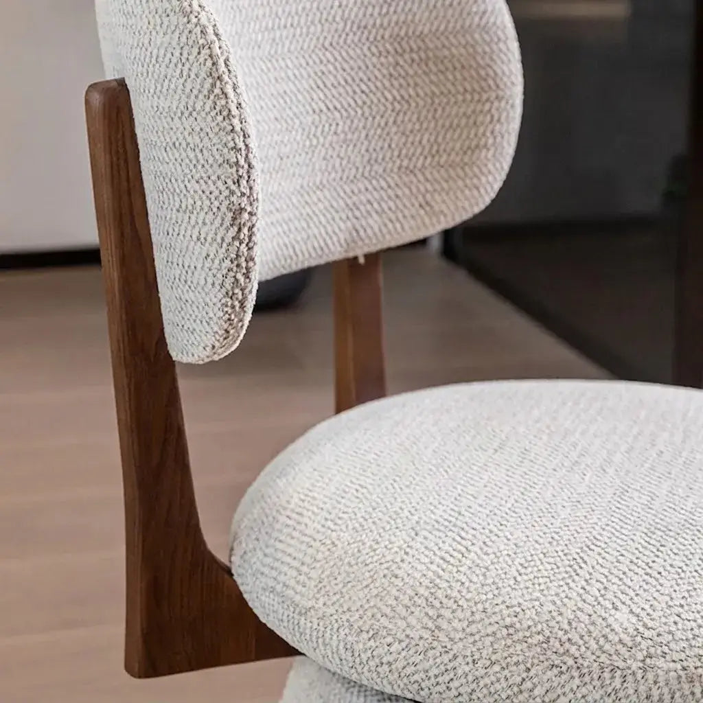 Walnut Ash Wood Vanity Stool With Swivel Base and Curved Linen Seat
