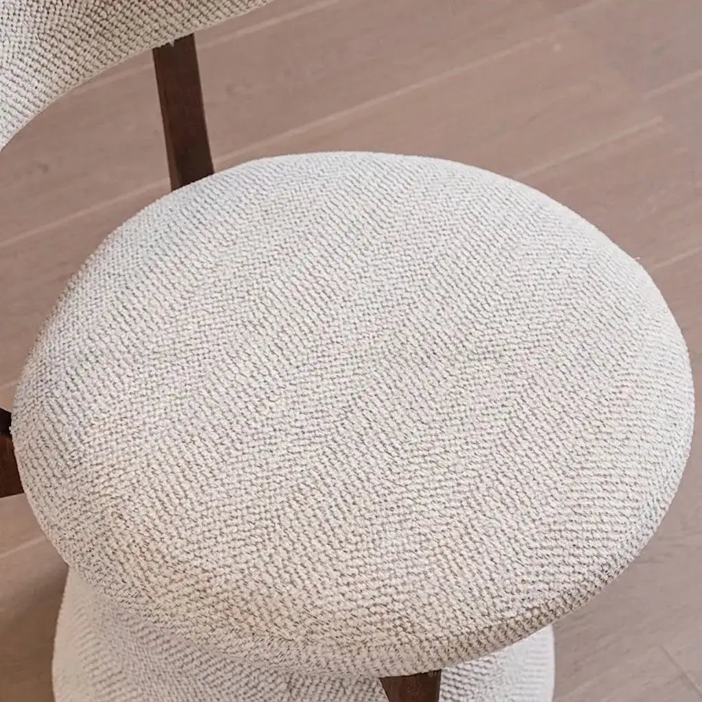 Walnut Ash Wood Vanity Stool With Swivel Base and Curved Linen Seat