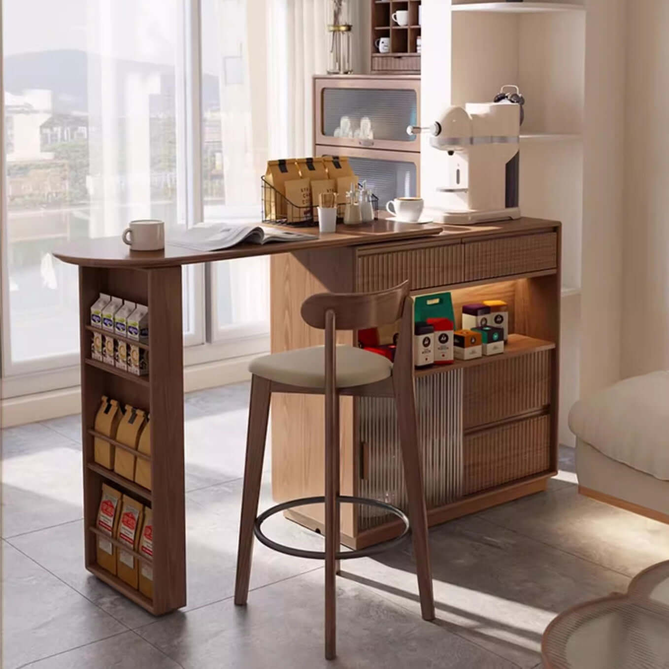 Walnut Bar Table + Cabinet With 360-Degree Rotation