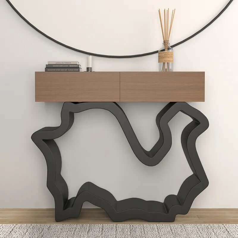 Walnut & Black Console Table With Curved Bottom Shelf Main Product Image