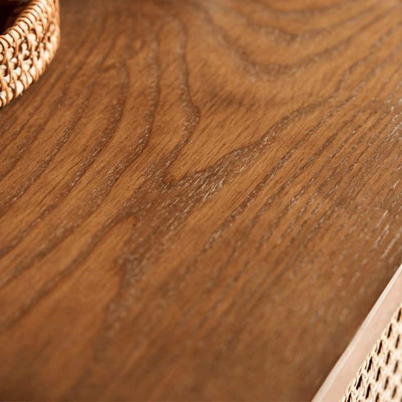 Walnut Cane Credenza with Storage Shelves & Drawers