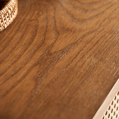 Walnut Cane Credenza with Storage Shelves & Drawers