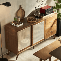 Walnut Cane Credenza with Storage Shelves & Drawers