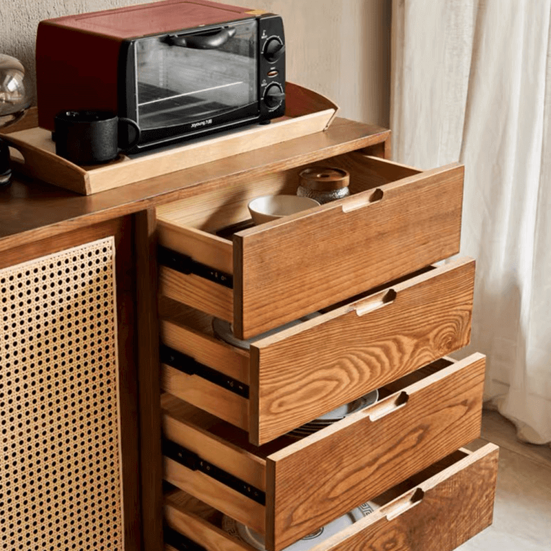 Walnut Cane Credenza with Storage Shelves & Drawers