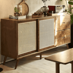 Walnut Cane Credenza with Storage Shelves & Drawers