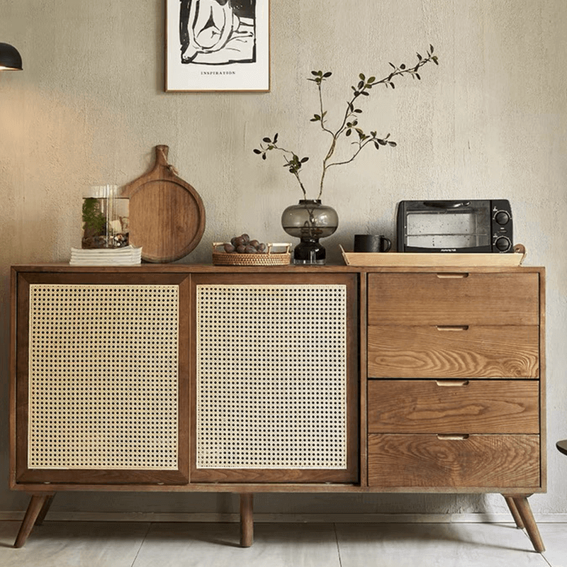 Walnut Cane Credenza with Storage Shelves & Drawers Main Product Image Hauptbild