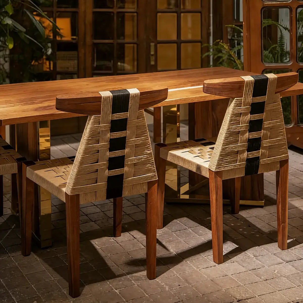 Walnut Contrast Rope Dining Chair with Woven Back and Ergonomic Angle