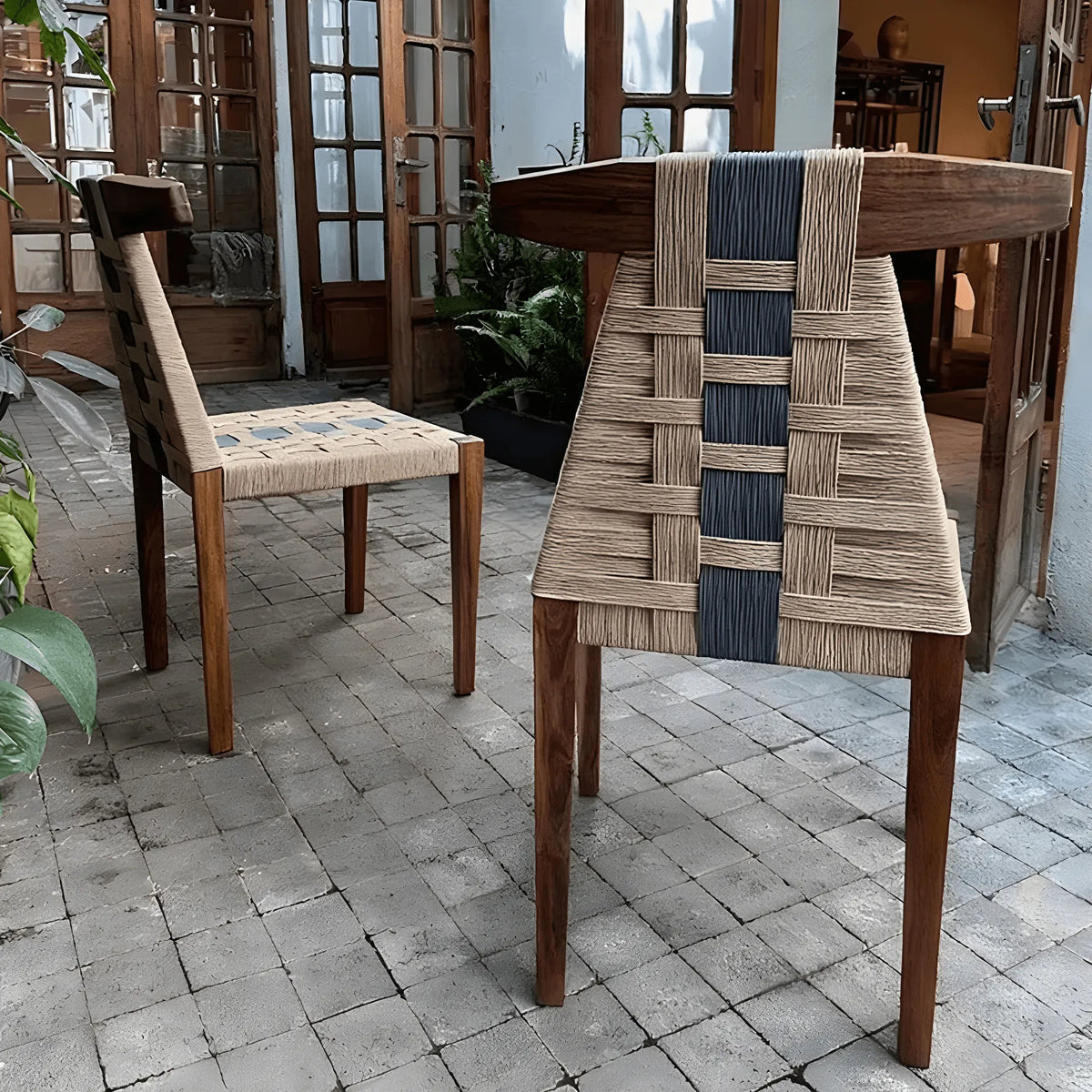 Walnut Contrast Rope Dining Chair with Woven Back and Ergonomic Angle