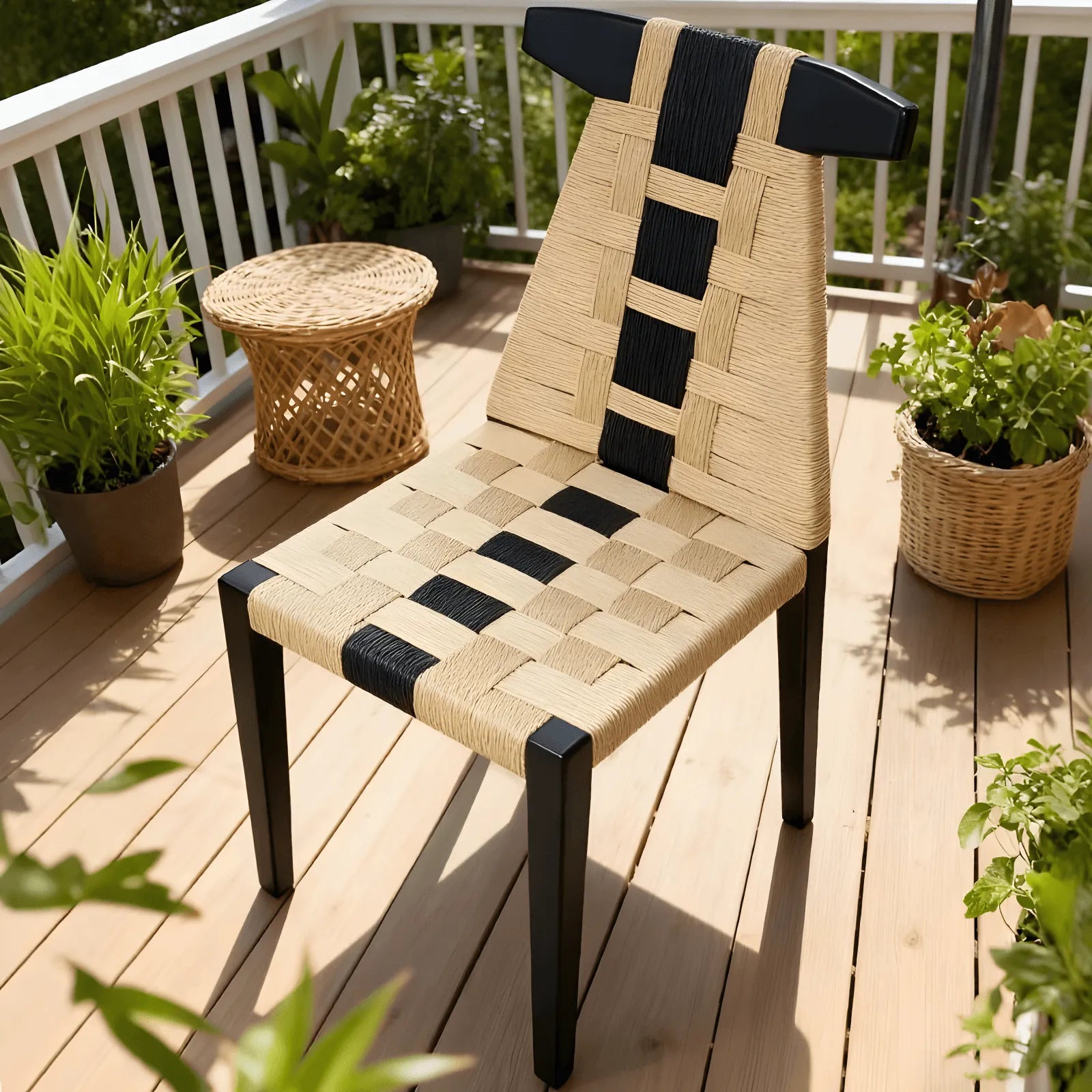 Walnut Contrast Rope Dining Chair with Woven Back and Ergonomic Angle