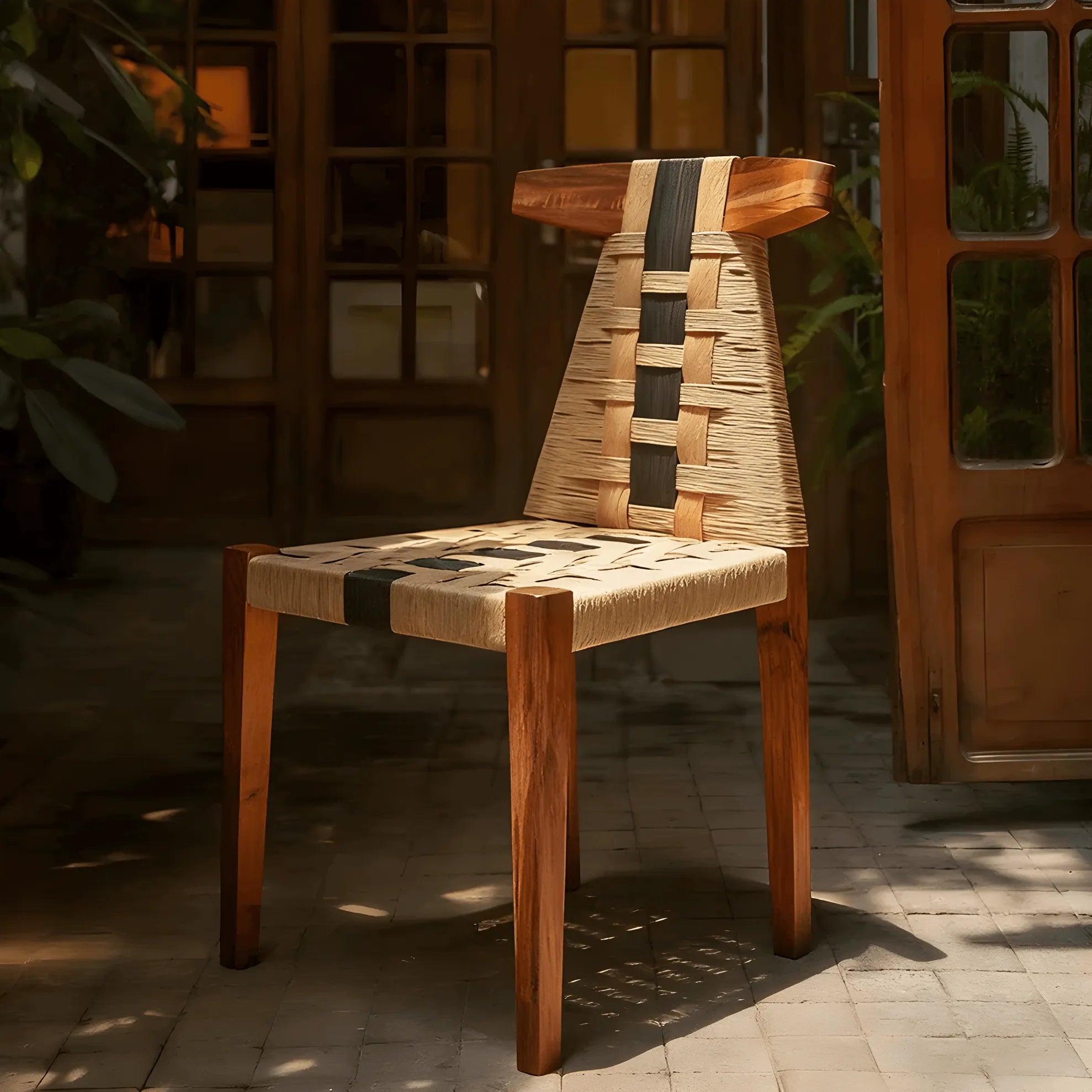Walnut Contrast Rope Dining Chair with Woven Back and Ergonomic Angle