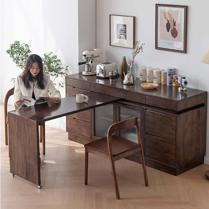 Walnut Convertible Sideboard With Rotating Tabletop