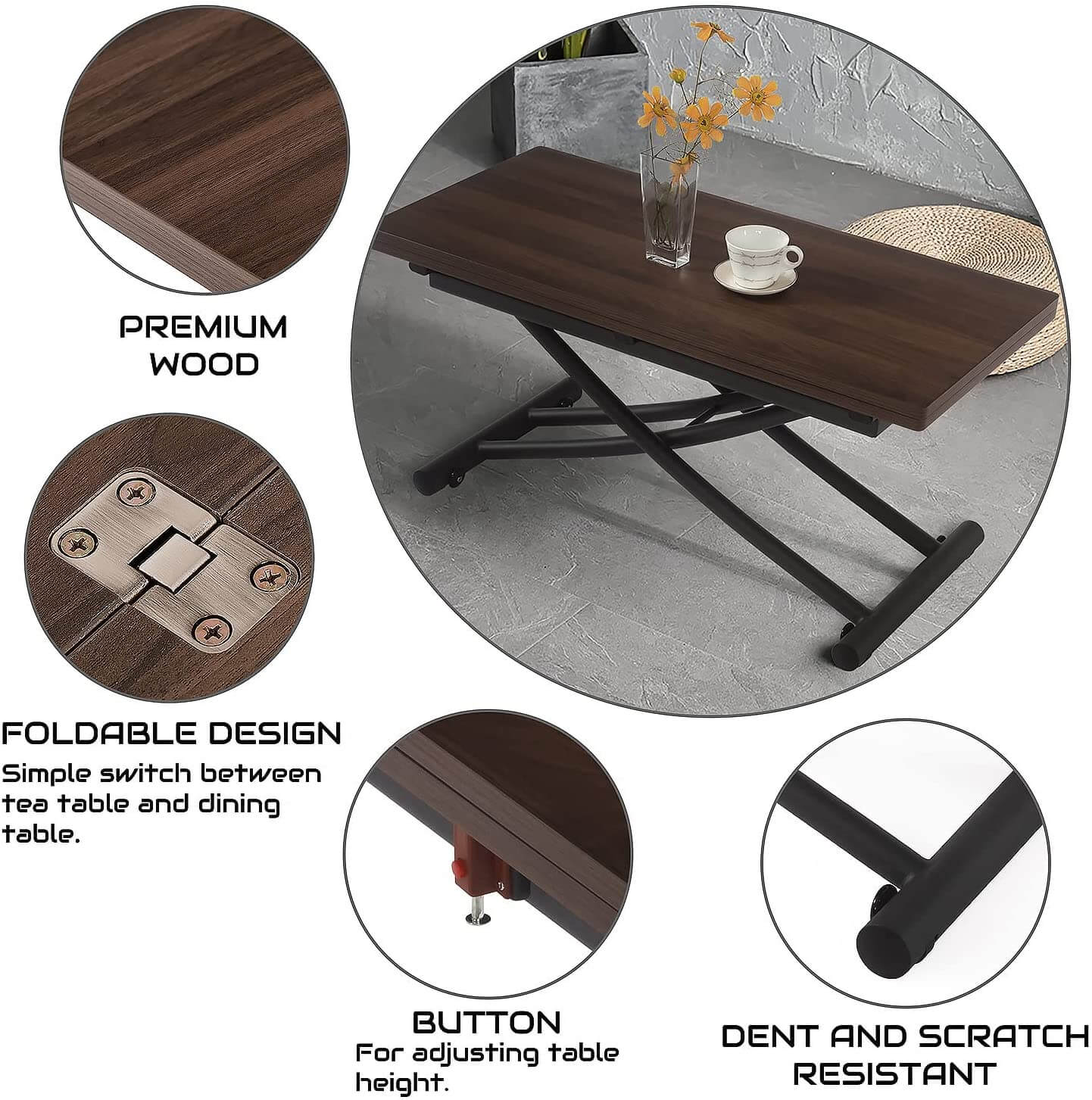 Walnut Foldable Adjustable Dining Table with Metal Frame
