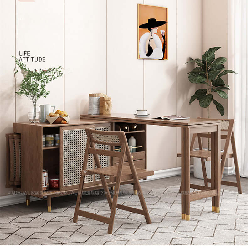 Walnut Folding Dining Table Set With Hidden Storage