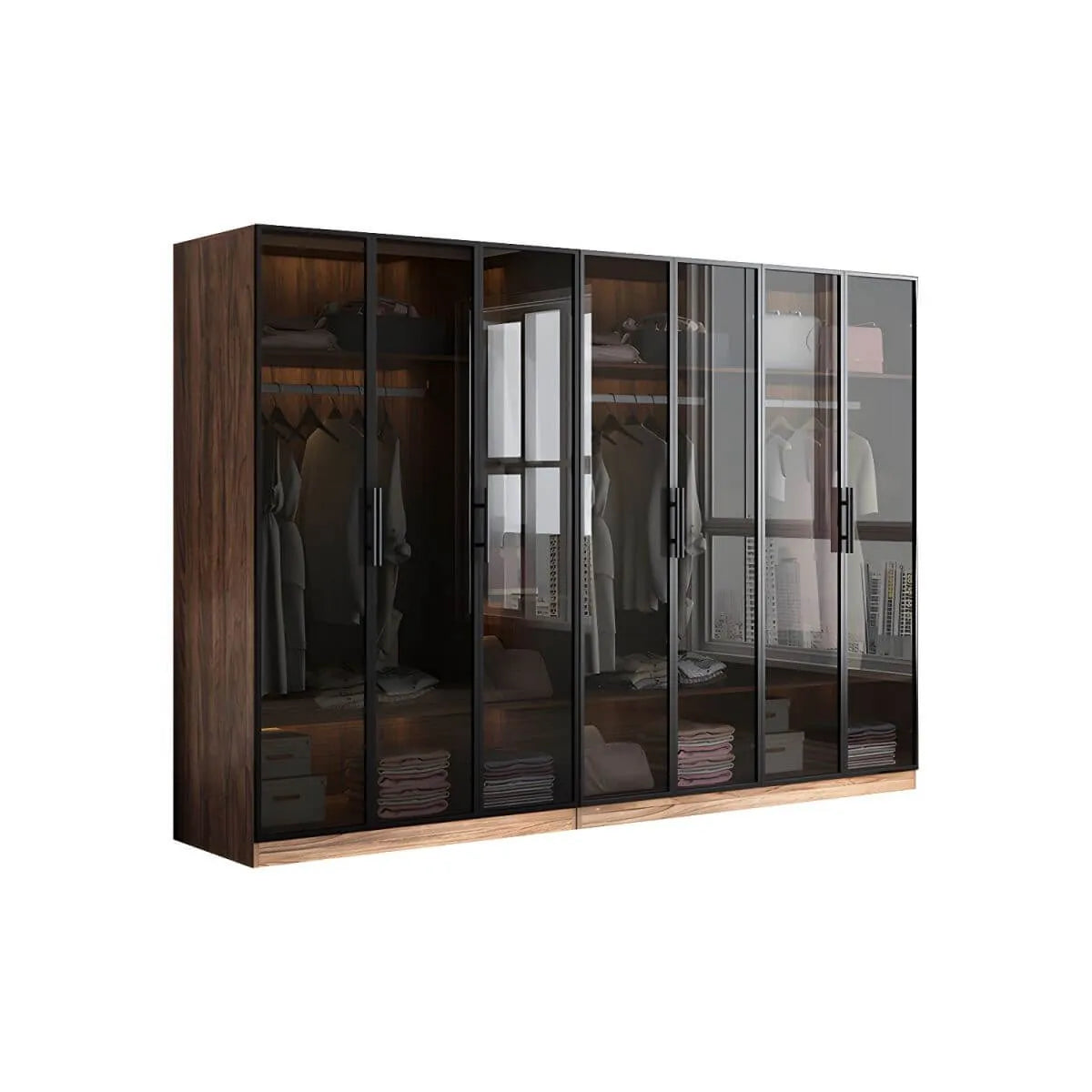 Walnut Glass Wardrobe Armoire With Soft-Close Storage