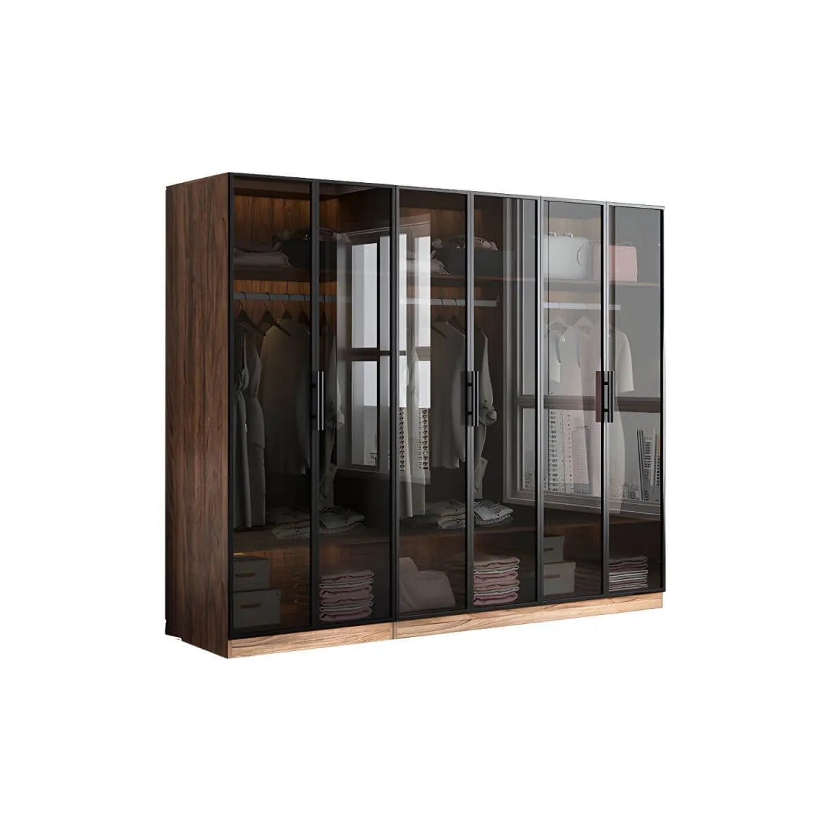 Walnut Glass Wardrobe Armoire With Soft-Close Storage
