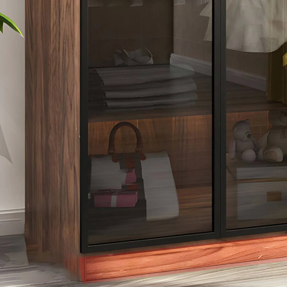 Walnut Glass Wardrobe Armoire With Soft-Close Storage