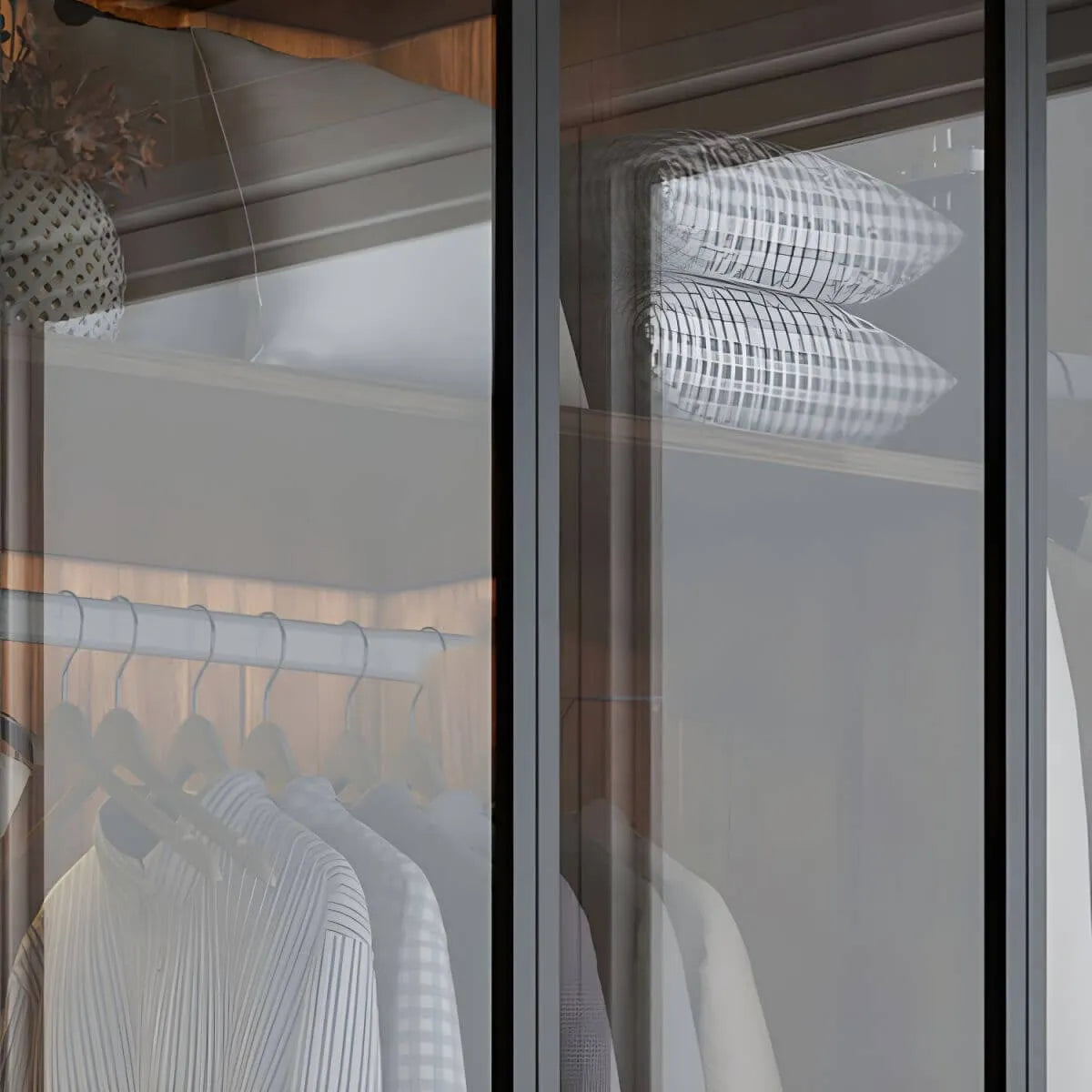 Walnut Glass Wardrobe Armoire With Soft-Close Storage