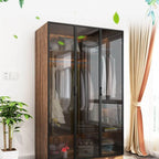Walnut Glass Wardrobe Armoire With Soft-Close Storage