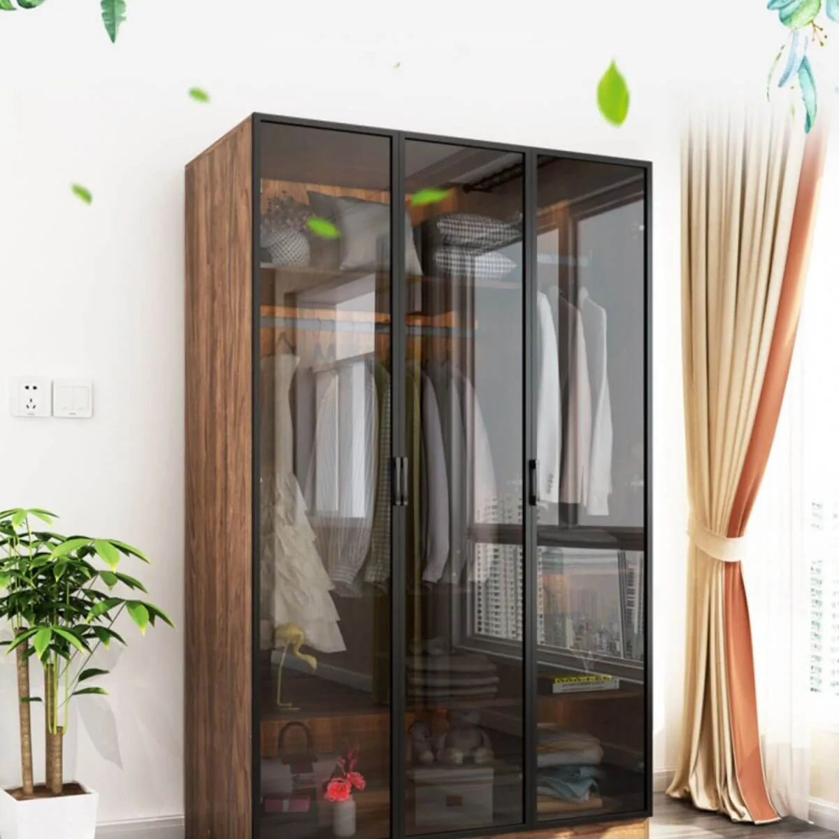 Walnut Glass Wardrobe Armoire With Soft-Close Storage