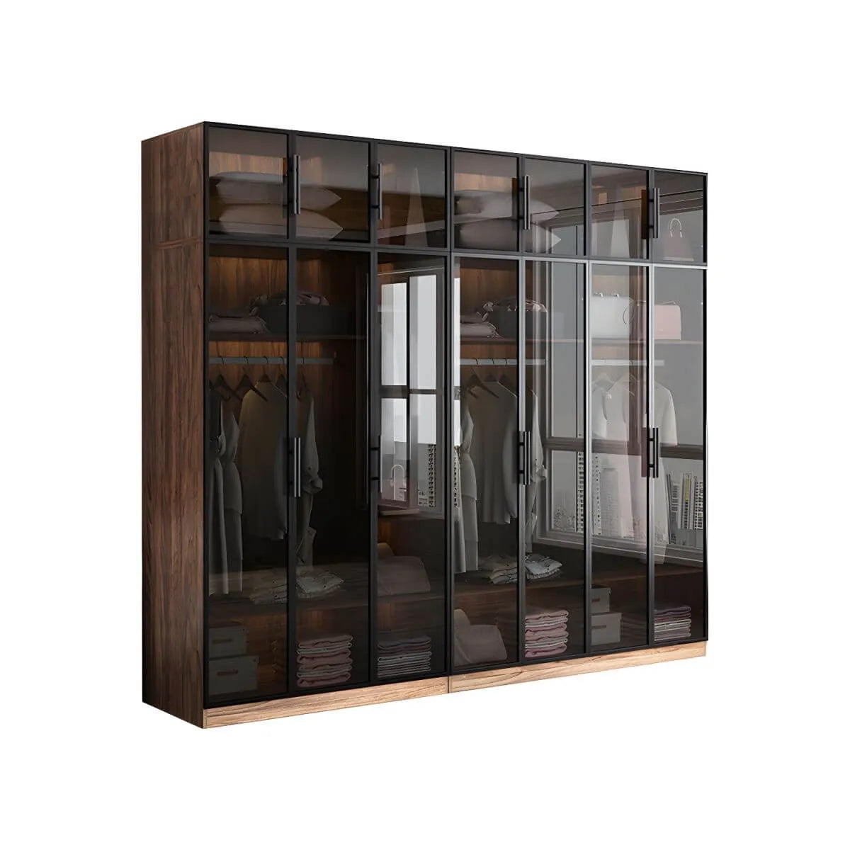 Walnut Glass Wardrobe Armoire With Soft-Close Storage