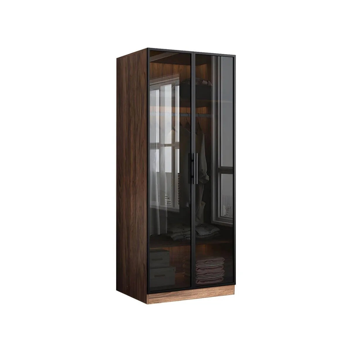 Walnut Glass Wardrobe Armoire With Soft-Close Storage