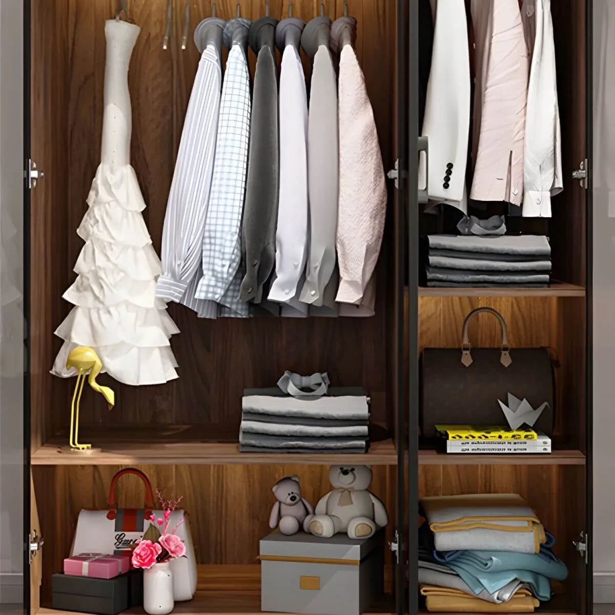 Walnut Glass Wardrobe Armoire With Soft-Close Storage