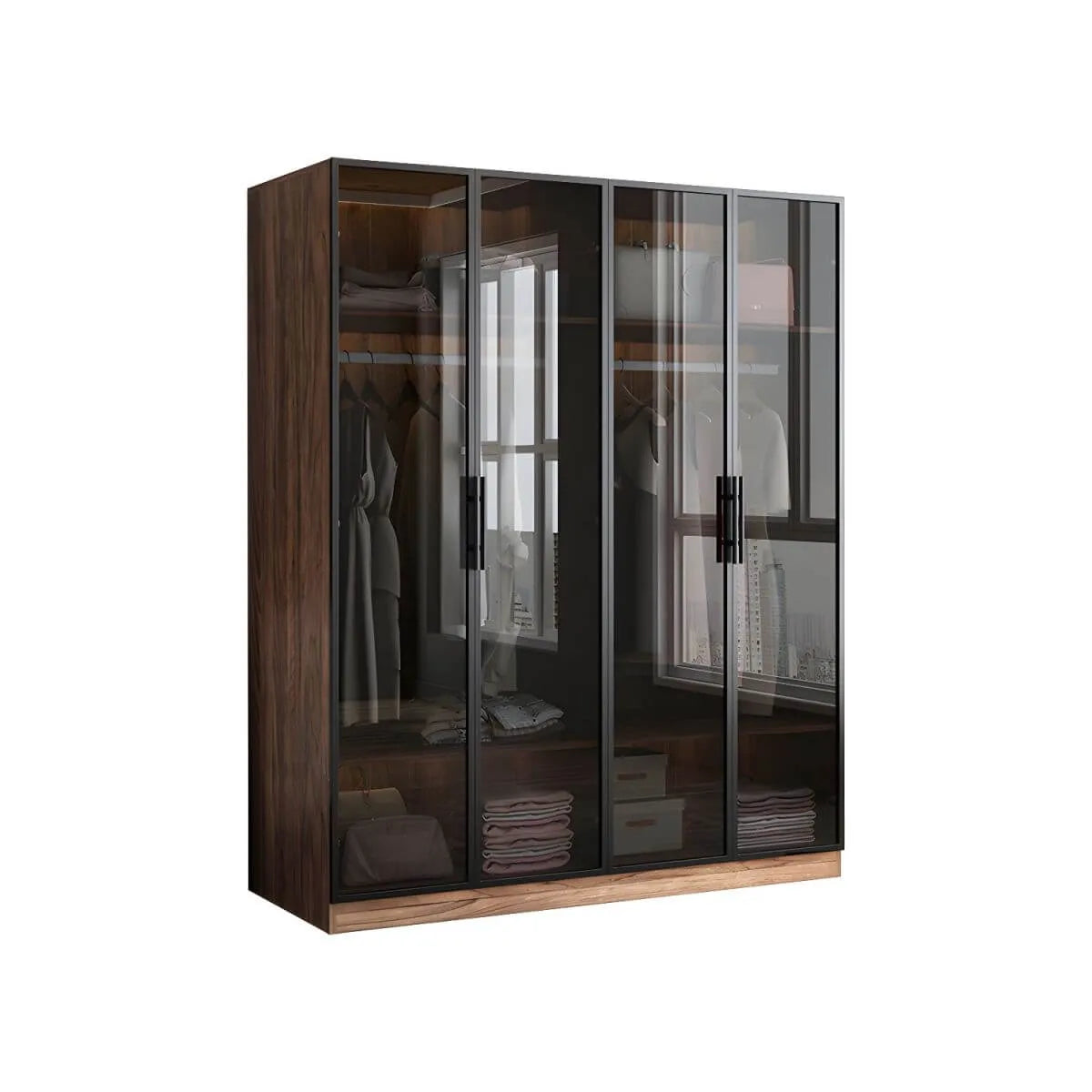 Walnut Glass Wardrobe Armoire With Soft-Close Storage