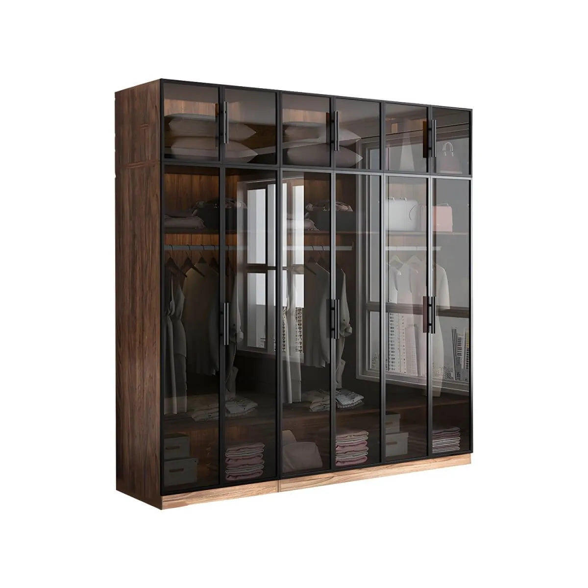Walnut Glass Wardrobe Armoire With Soft-Close Storage