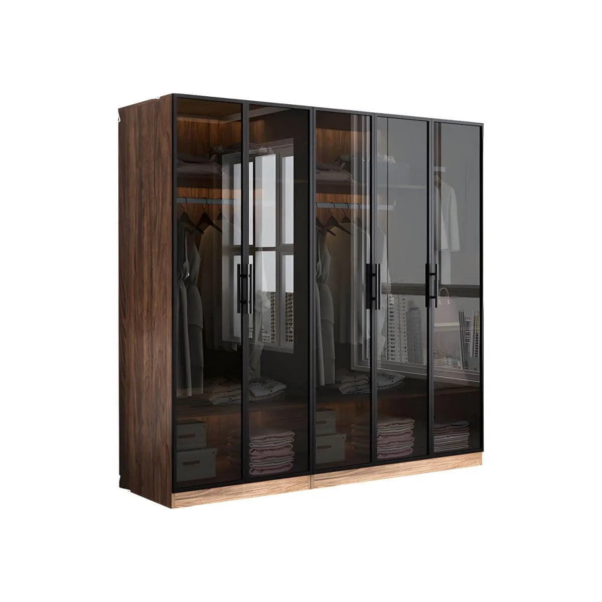 Walnut Glass Wardrobe Armoire With Soft-Close Storage