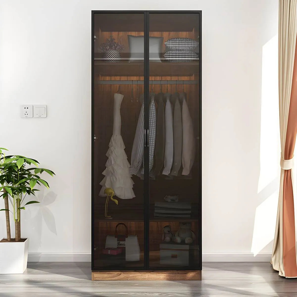Walnut Glass Wardrobe Armoire With Soft-Close Storage