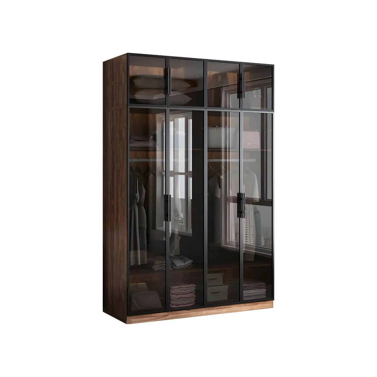 Walnut Glass Wardrobe Armoire With Soft-Close Storage