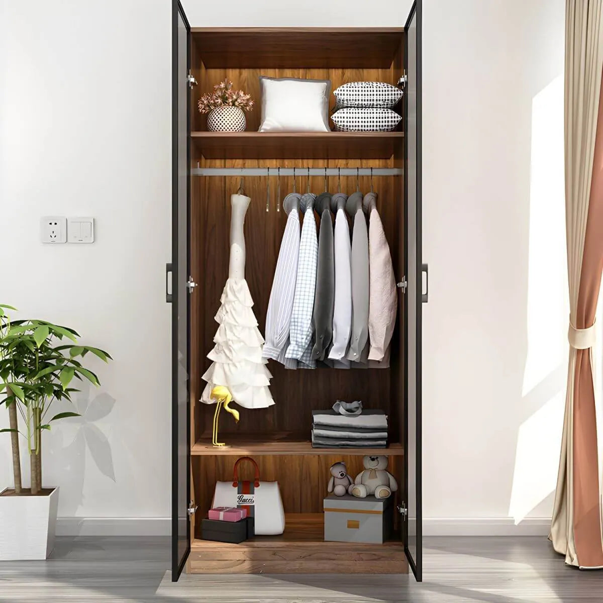 Walnut Glass Wardrobe Armoire With Soft-Close Storage