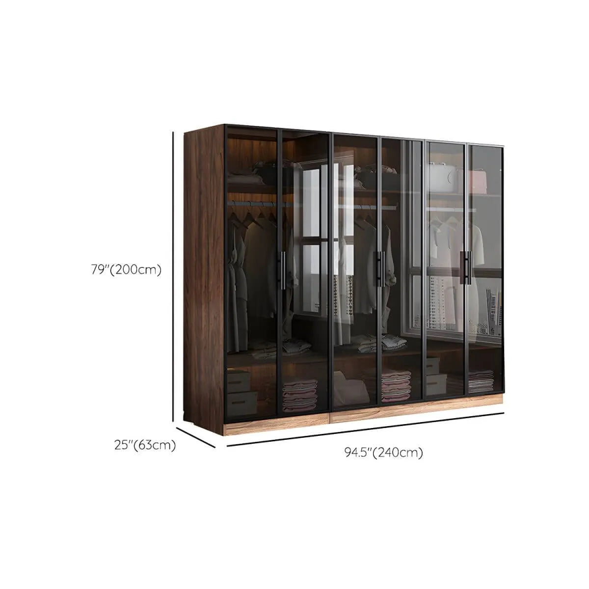 Walnut Glass Wardrobe Armoire With Soft-Close Storage Dimensions