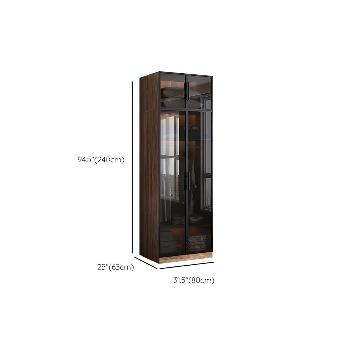 Walnut Glass Wardrobe Armoire With Soft-Close Storage Dimensions