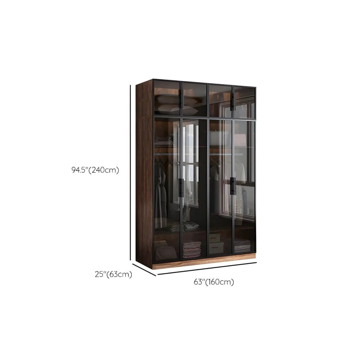 Walnut Glass Wardrobe Armoire With Soft-Close Storage Dimensions