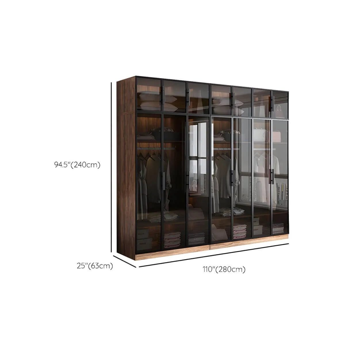 Walnut Glass Wardrobe Armoire With Soft-Close Storage Dimensions