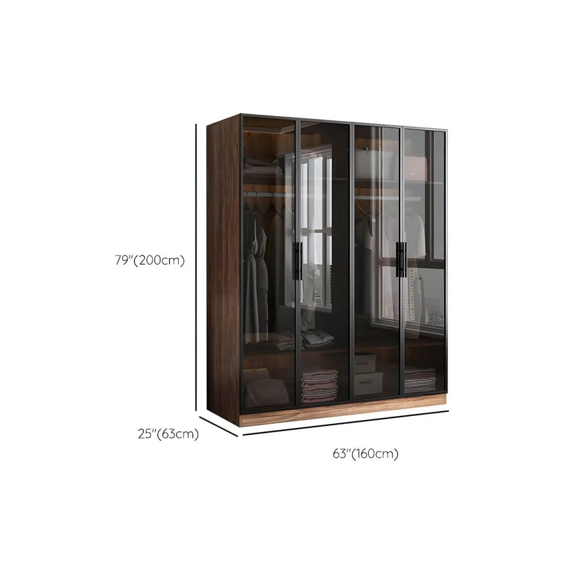 Walnut Glass Wardrobe Armoire With Soft-Close Storage Dimensions