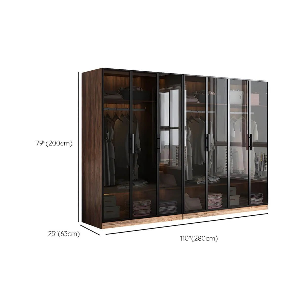 Walnut Glass Wardrobe Armoire With Soft-Close Storage Dimensions