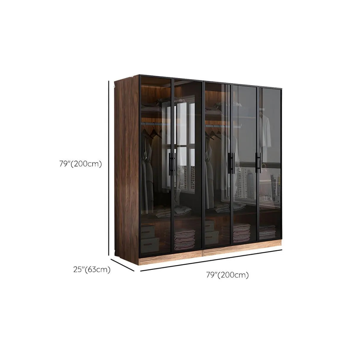 Walnut Glass Wardrobe Armoire With Soft-Close Storage Dimensions