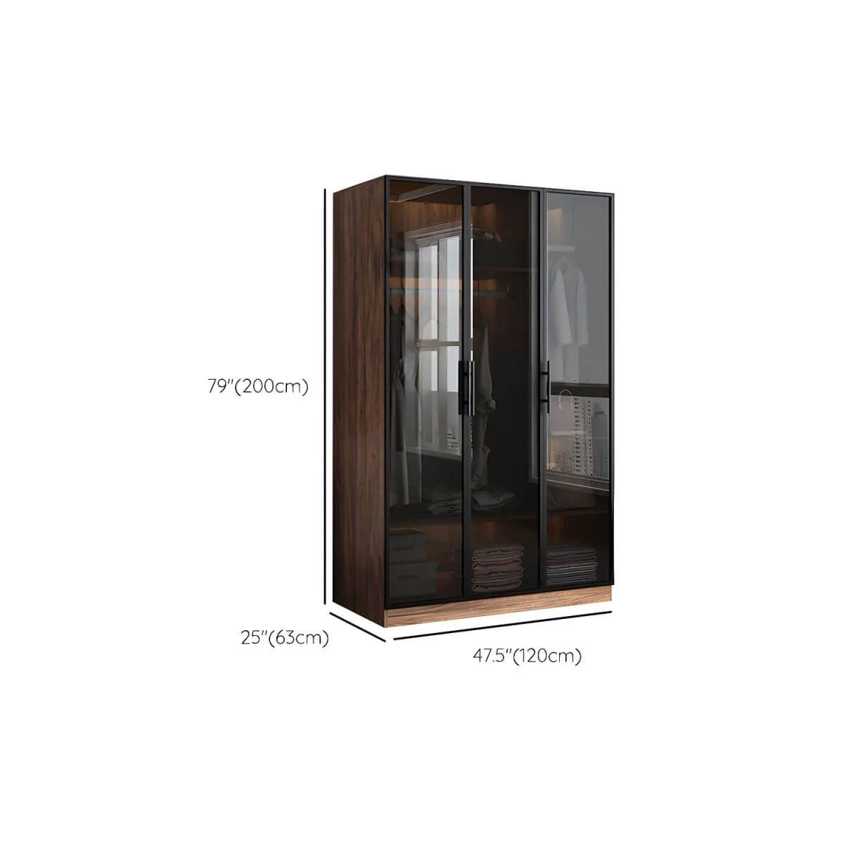 Walnut Glass Wardrobe Armoire With Soft-Close Storage Dimensions