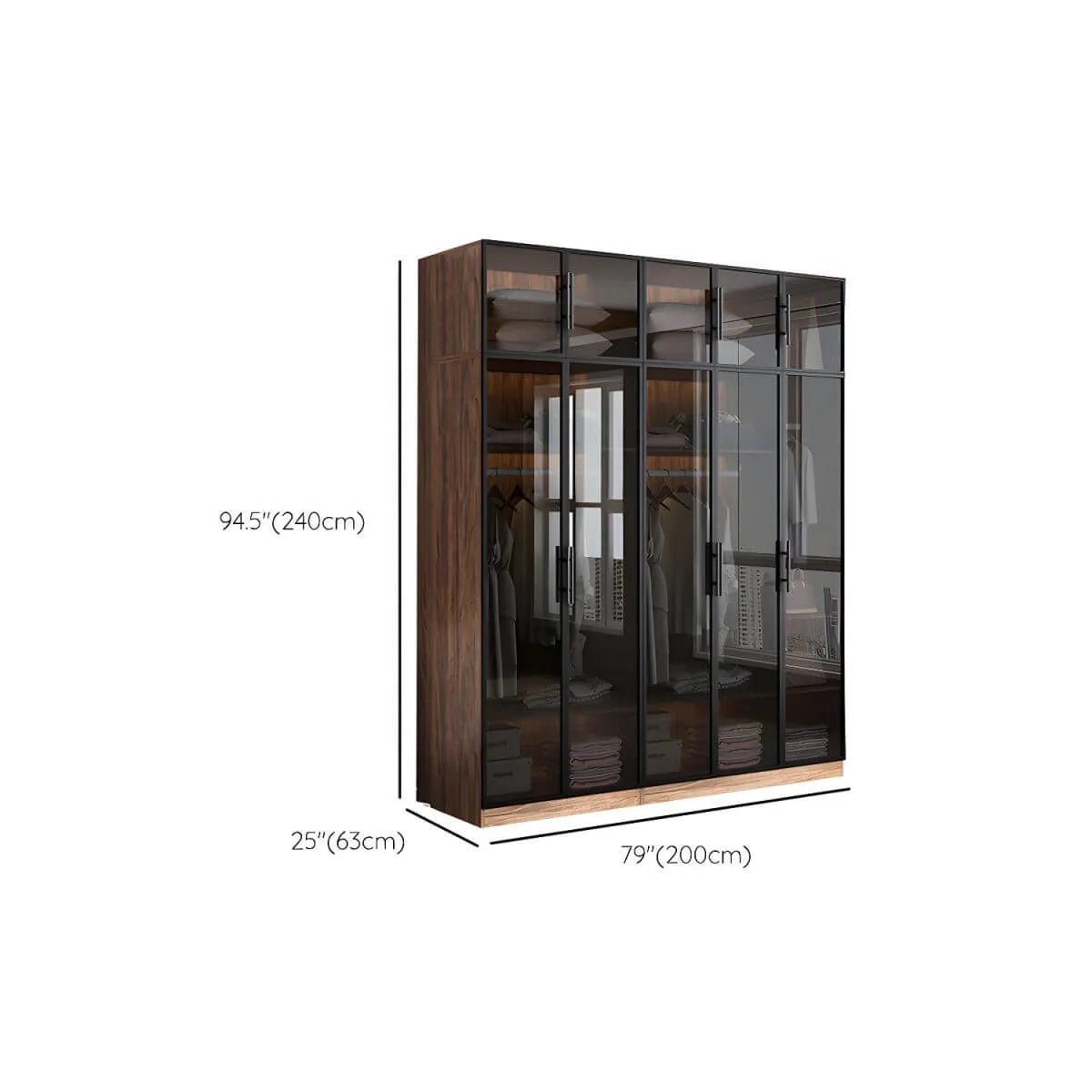 Walnut Glass Wardrobe Armoire With Soft-Close Storage Dimensions