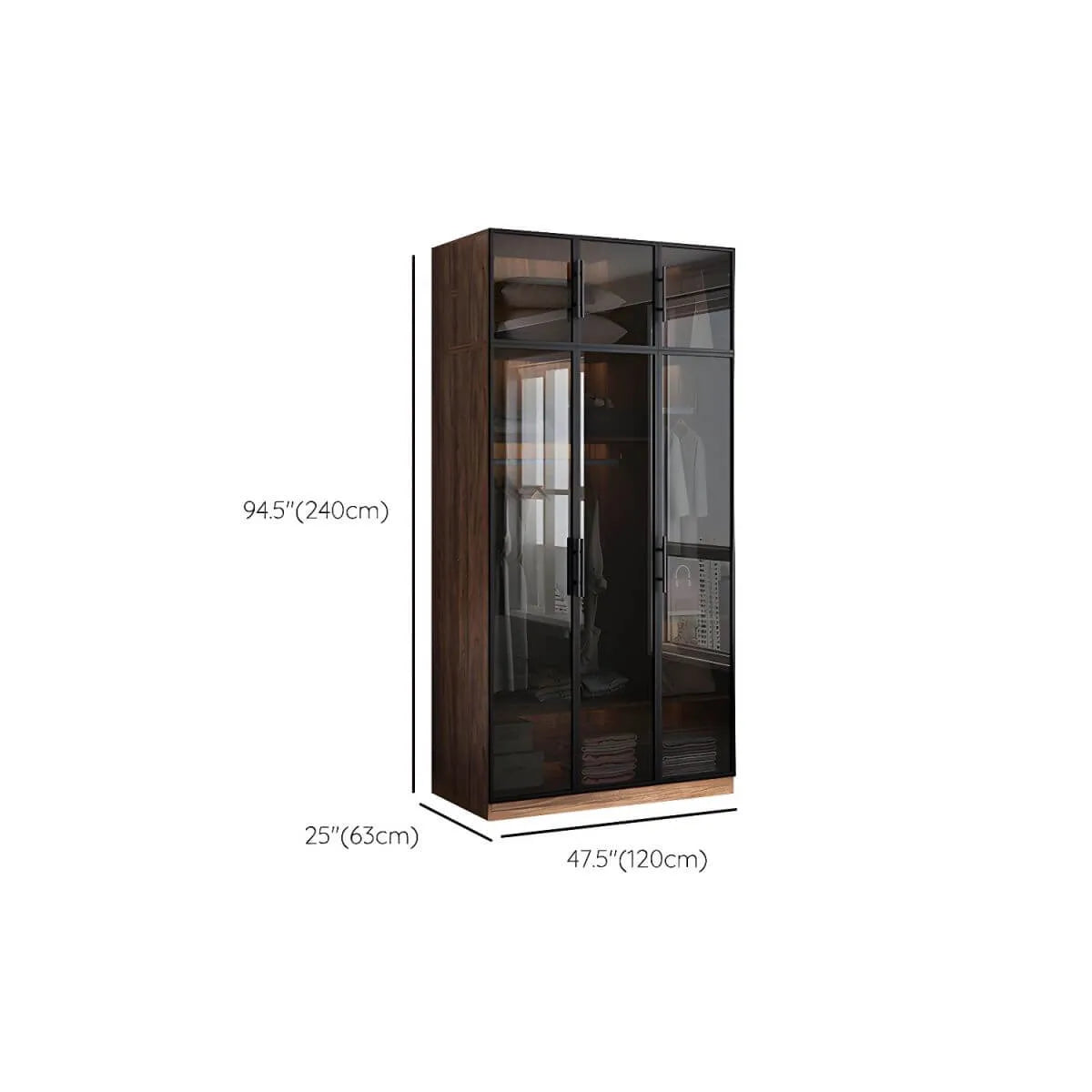 Walnut Glass Wardrobe Armoire With Soft-Close Storage Dimensions