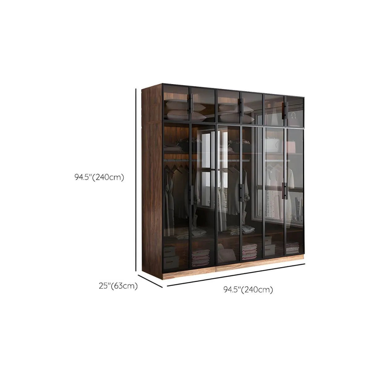 Walnut Glass Wardrobe Armoire With Soft-Close Storage Dimensions