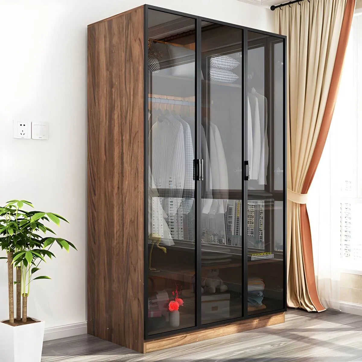 Walnut Glass Wardrobe Armoire With Soft-Close Storage Main Product Image