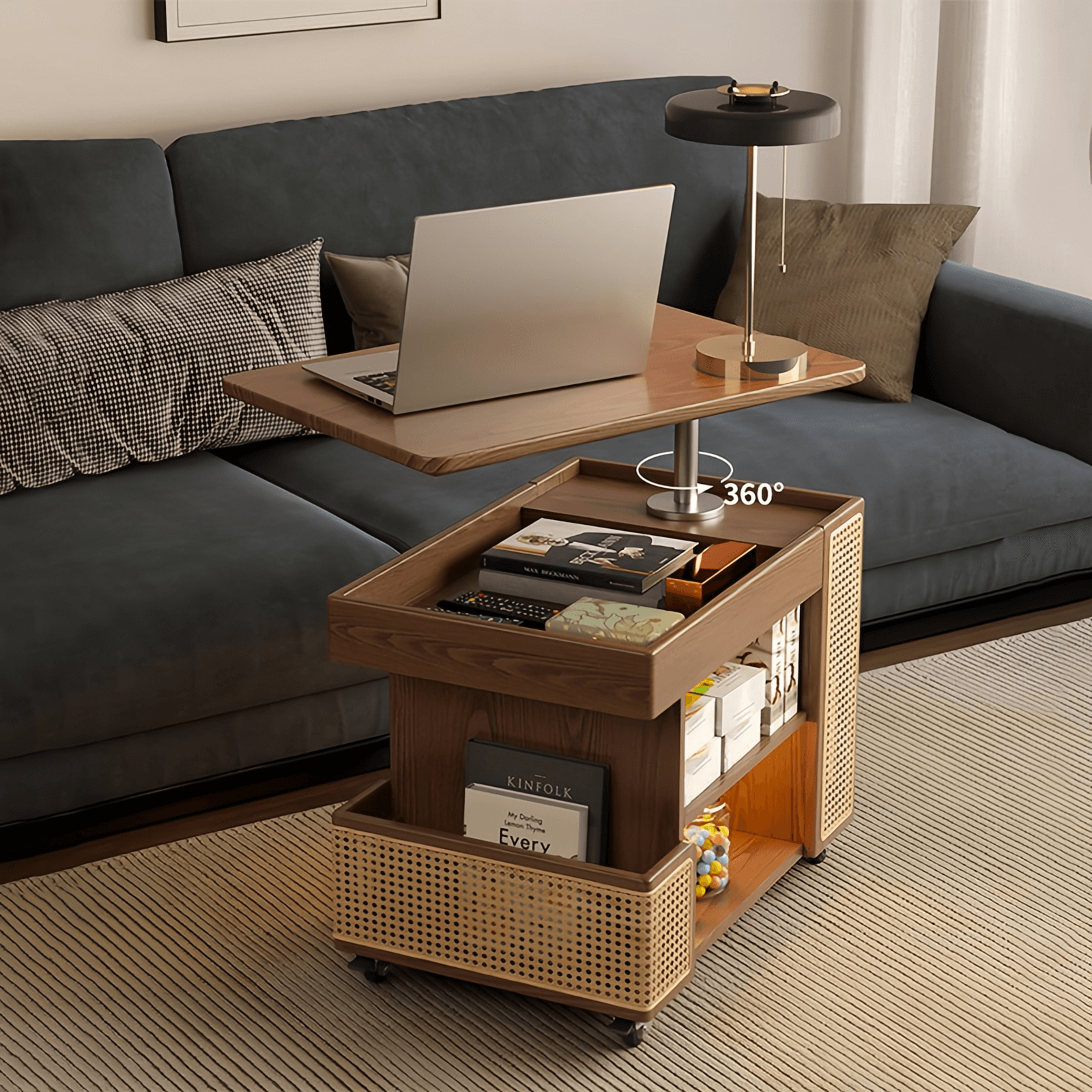Walnut Lift-Top Coffee Table With Rattan Drawer